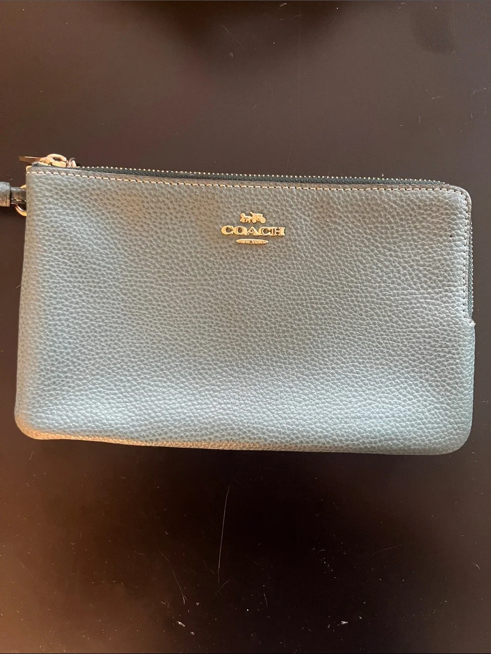 Coach Pebbled Leather Wristlet in forrest green with Gold Hardware